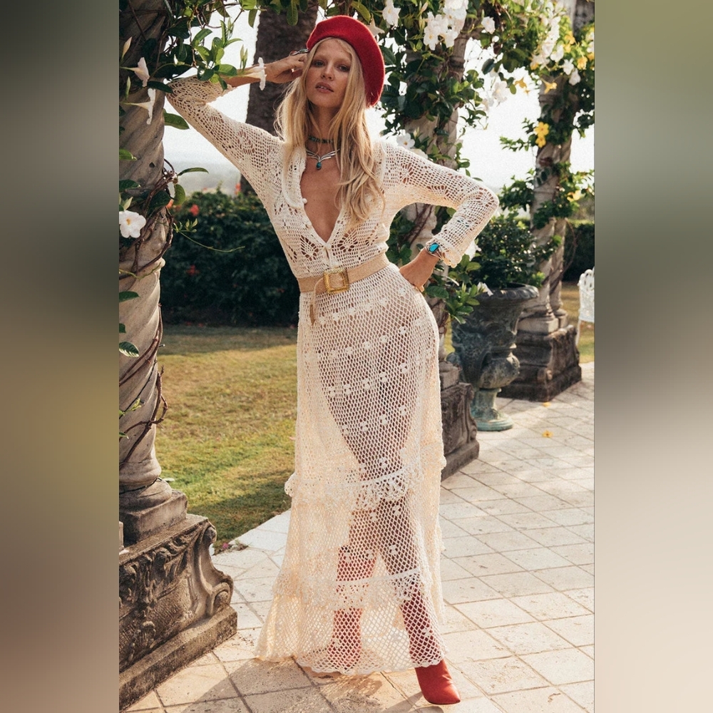 Chasing Unicorns White Crochet Maxi Dress Medium